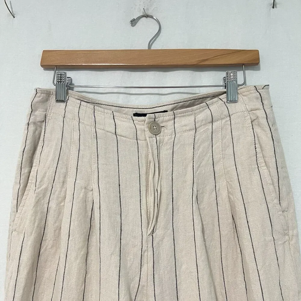 Banana Republic 100% Linen Pants Women 6L Long Tall Striped Wide Leg Pleated